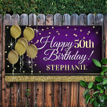 Glittery Purple and Gold Happy Birthday Banner<br><div class="desc">Fun banner sign for indoors or out,  featuring some glam metallic balloons and glittery confetti on a rich textured deep purple background for your personalized birthday banner.</div>