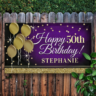 Glittery Purple and Gold Happy Birthday Banner