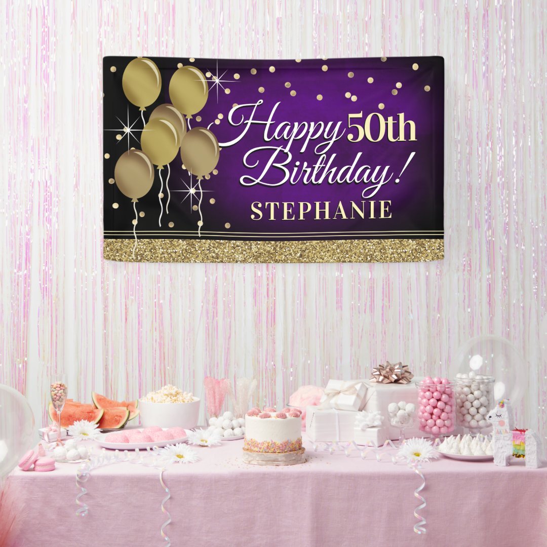 Glittery Purple and Gold Happy Birthday Banner | Zazzle