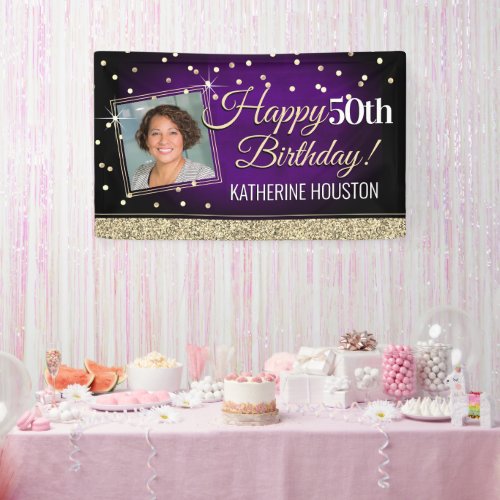 Glittery Purple and Gold Happy Birthday Banner