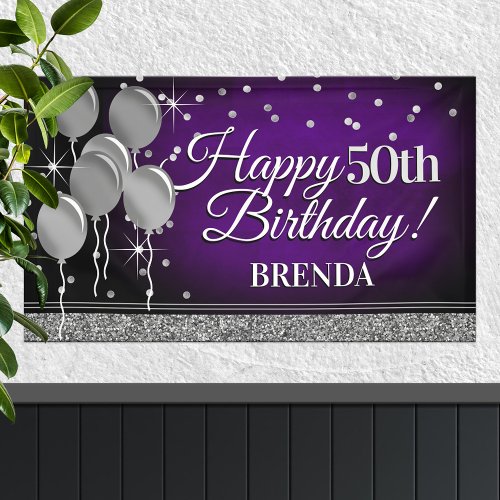 Glittery Purple and Silver Happy Birthday Banner