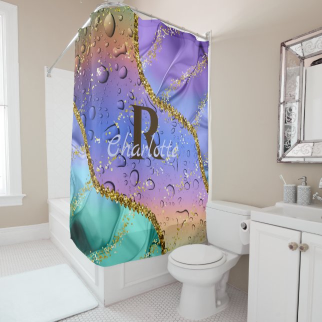 Glittery Purple, Aqua Blue and Emerald Green Ombre Shower Curtain (In Situ)