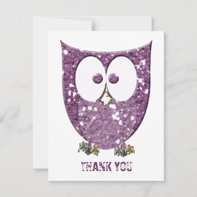 Glittery Purple Bling Owl Flat Thank You  Notes (Front)