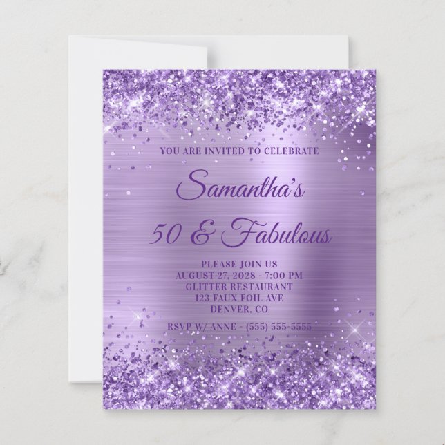Glittery Purple Foil Monogram 50 & Fabulous Invite (Front)
