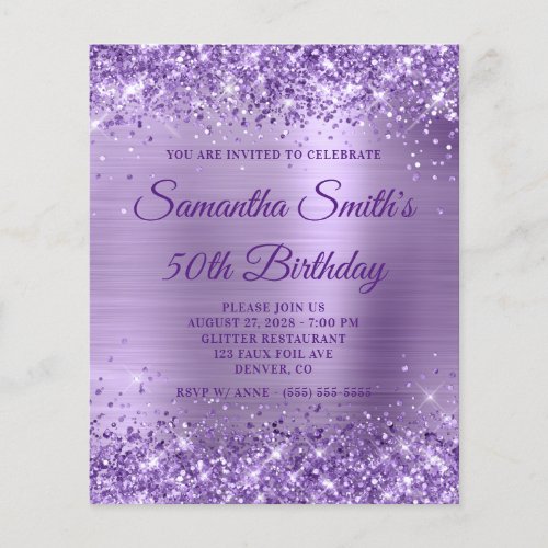 Glittery Purple Foil Monogram 50th Birthday Invite Flyer