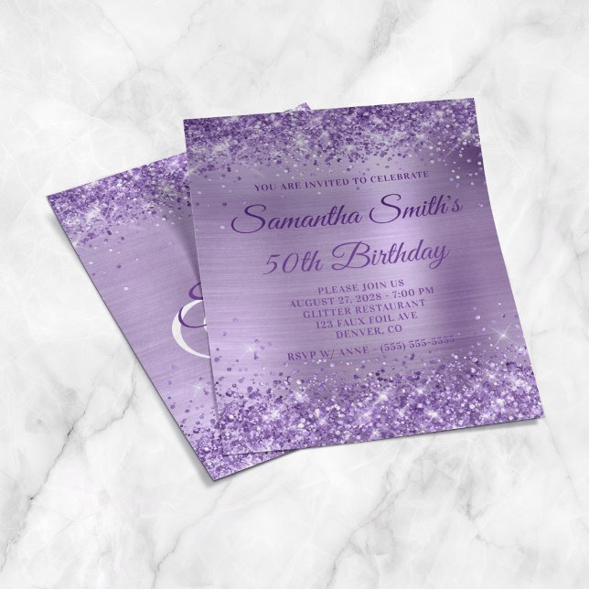 Glittery Purple Foil Monogram 50th Birthday Invite Flyer (Glittery Purple Foil Monogram 50th Birthday Invite Flyer)