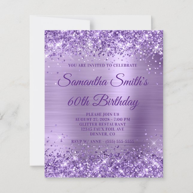 Glittery Purple Foil Monogram 60th Birthday Invite (Front)