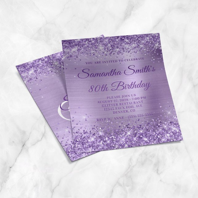Glittery Purple Foil Monogram 80th Birthday Invite Flyer (Glittery Purple Foil Monogram 80th Birthday Invite Flyer)