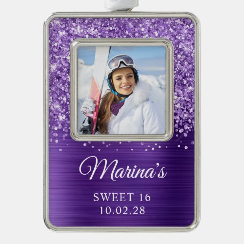 Glittery Purple Foil Sweet 16 Photo Christmas Ornament