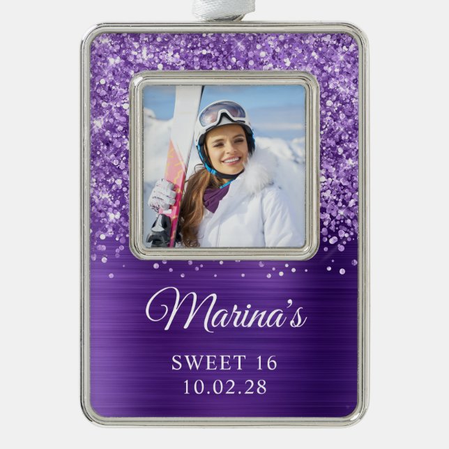 Glittery Purple Foil Sweet 16 Photo Christmas Ornament (Front)