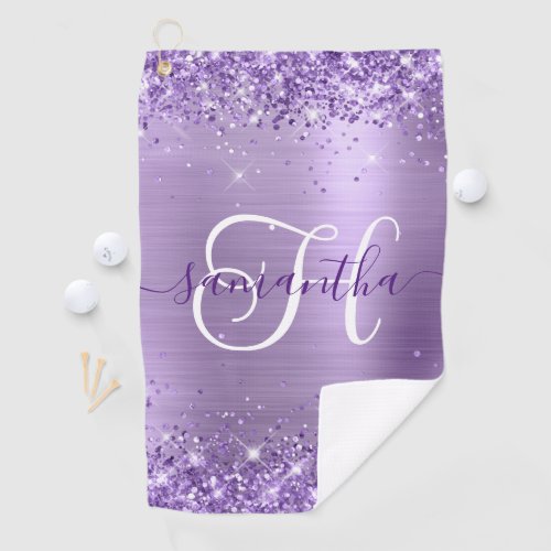 Glittery Purple Glam Monogrammed Golf Towel