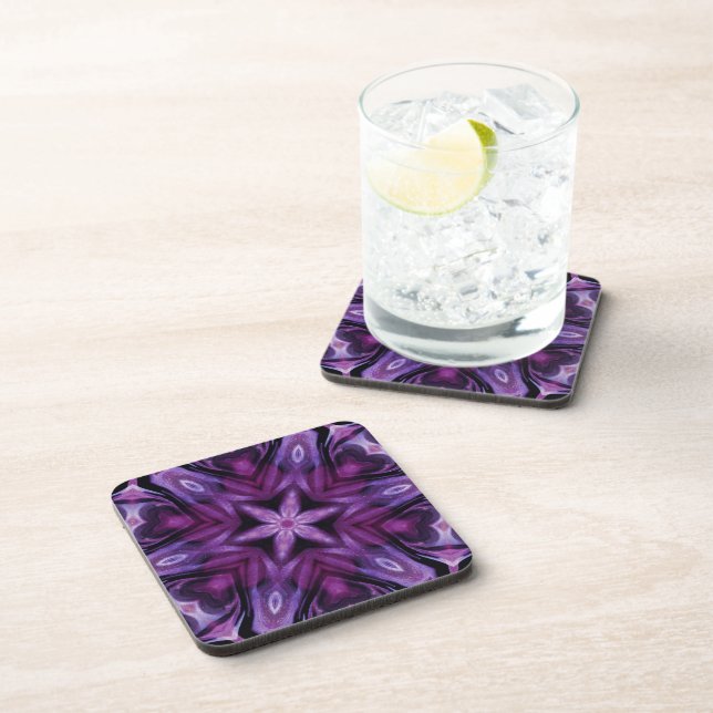 Glittery Purple Kaleidoscope Hearts Gradient Beverage Coaster (Right Side)