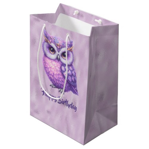 Glittery Purple Owl on a Shiny Purple Background Medium Gift Bag