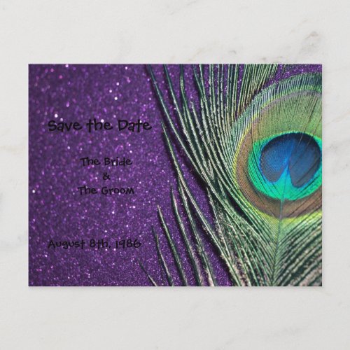 Glittery Purple Peacock Save the Date Postcard