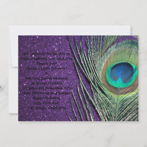 Glittery Purple Peacock Wedding Invitation