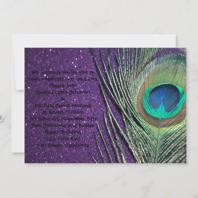 Glittery Purple Peacock Wedding Invitation (Front)