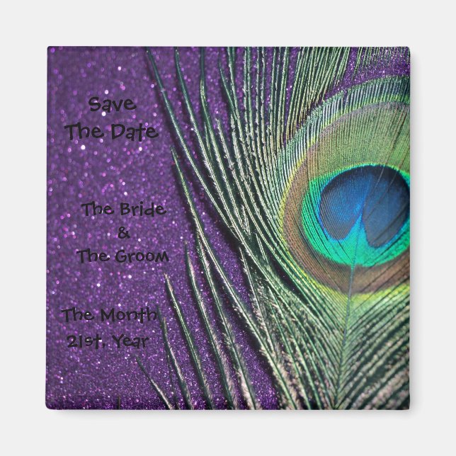Glittery Purple Peacock Wedding Magnets (Front)