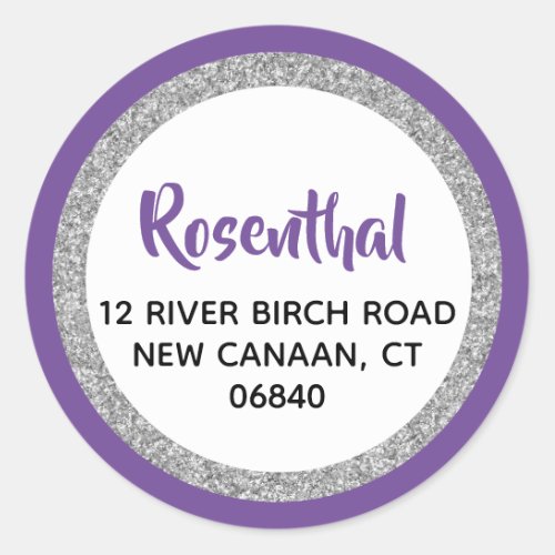 Glittery Purple  Silver Return Address Classic Round Sticker