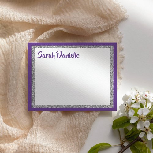 Glittery Purple & Silver Thank You Flat Note Card