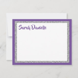 Glittery Purple & Silver Thank You Flat Note Card
