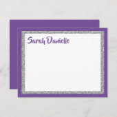 Glittery Purple & Silver Thank You Flat Note Card (Front/Back)