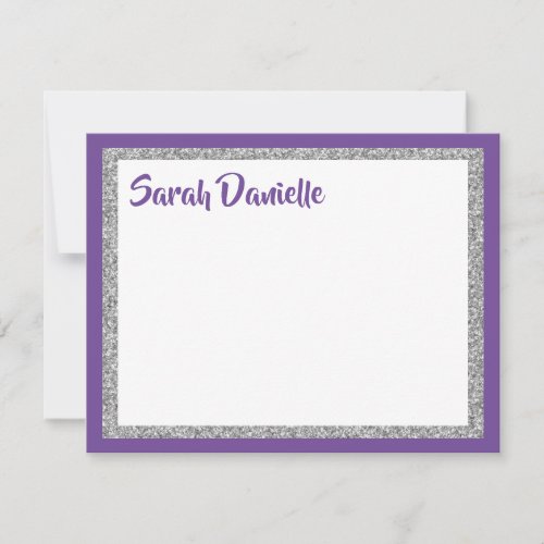Glittery Purple  Silver Thank You Flat Note Card