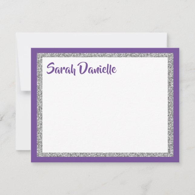 Glittery Purple & Silver Thank You Flat Note Card (Front)