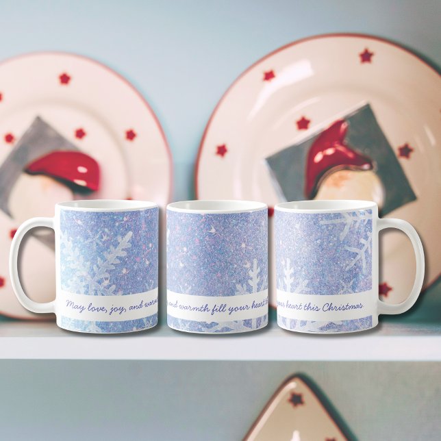 Glittery Purple Winter Snowflake Theme Coffee Mug (Classy Christmas Personalized Mug with Custom Text)