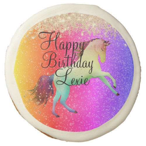 Glittery Rainbow Unicorn Birthday Custom Sugar Cookie