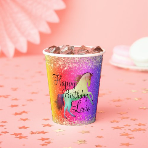 Glittery Rainbow Unicorn Birthday  Paper Cups