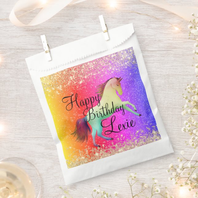Glittery Rainbow Unicorn Birthday Personalized Favor Bag (Clipped)