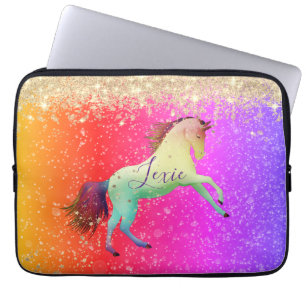 Glittery Rainbow Unicorn Personalized Laptop Sleeve