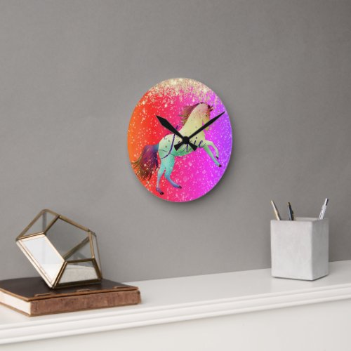 Glittery Rainbow Unicorn  Personalized  Round Clock
