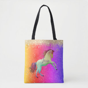 Glittery Rainbow Unicorn Personalized Tote Bag