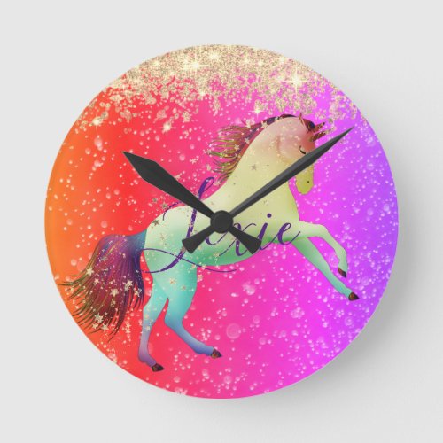 Glittery Rainbow Unicorn   Round Clock
