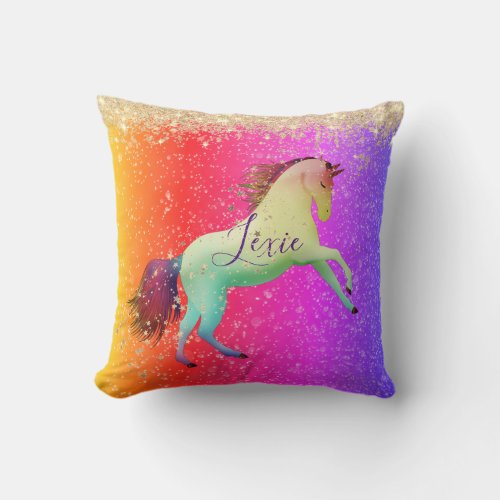 Glittery Rainbow Unicorn  Throw Pillow