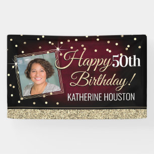 Glittery Red and Gold Happy Birthday Banner