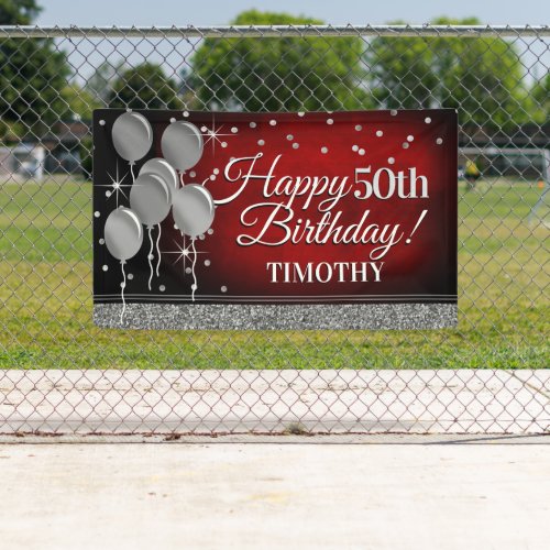 Glittery Red and Silver Happy Birthday Banner