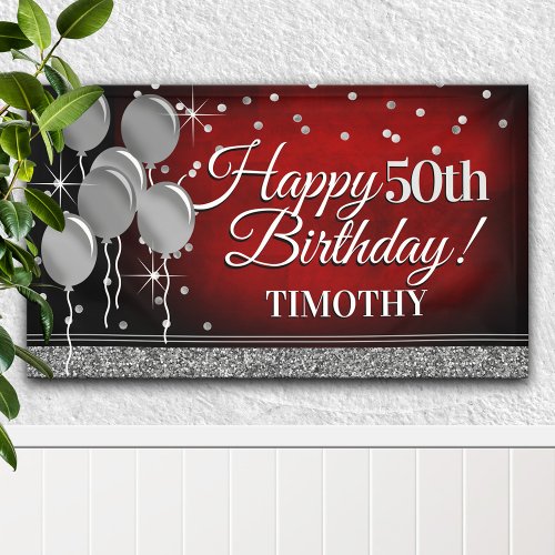 Glittery Red and Silver Happy Birthday Banner