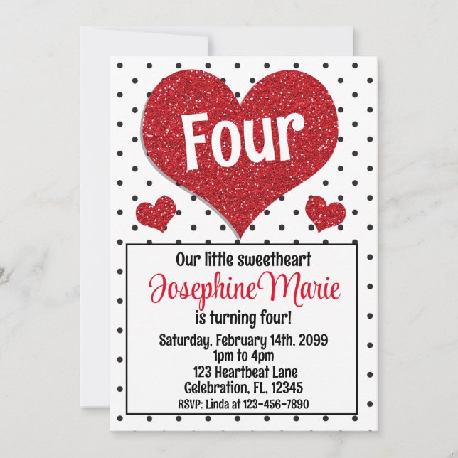 Glittery Red Heart Sweetheart Any Age Birthday Invitation (Front)