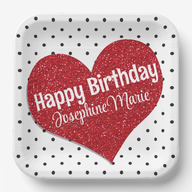 Glittery Red Heart Sweetheart Any Age Birthday Paper Plates (Front)