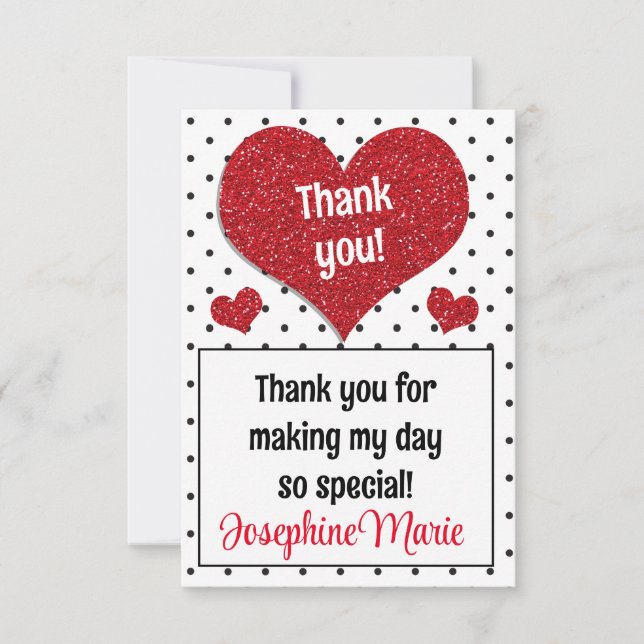 Glittery Red Heart Sweetheart Any Age  Thank You Card (Front)