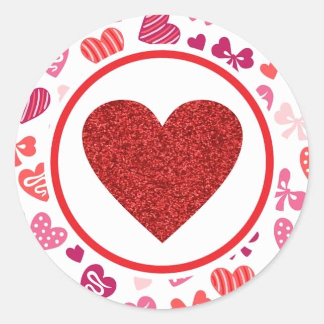 Glittery Red Heart Valentines Day Classic Round Sticker (Front)