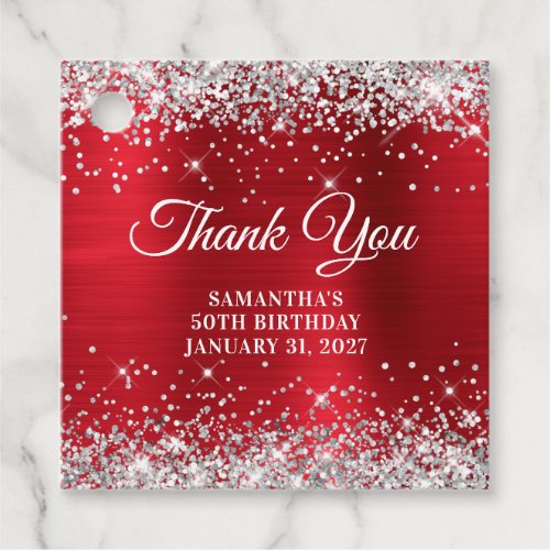 Glittery Red Monogram 50th Birthday Thank You Favor Tags