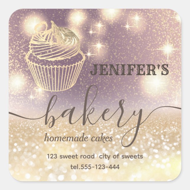 Glittery  rolling pin & whisk chef script bakery c square sticker (Front)