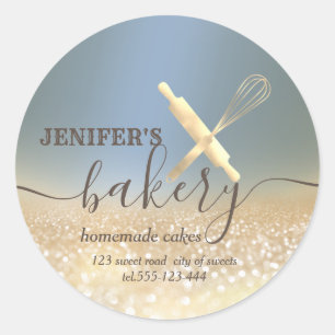 Glittery rolling pin & whisk chef script bakery classic round sticker