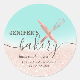 Glittery rolling pin & whisk chef script bakery classic round sticker