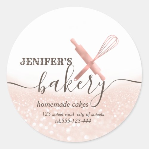 Glittery  rolling pin  whisk chef script bakery classic round sticker