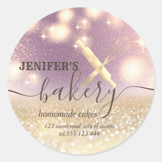 Glittery  rolling pin & whisk chef script bakery classic round sticker (Front)
