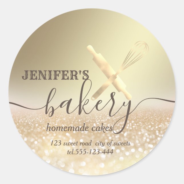 Glittery  rolling pin & whisk chef script bakery classic round sticker (Front)
